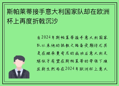 斯帕莱蒂接手意大利国家队却在欧洲杯上再度折戟沉沙 斯帕莱蒂接手意大利国家队却在欧洲杯上再度折戟沉沙